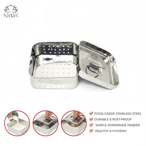 Image of Nyra Stainless Steel Paneer Mould 400ml (Medium) | Paneer Maker with Perforated Press Lid | Makes Fresh Homemade Paneer | 12x12cm Cottage Cheese Mould for Kitchen