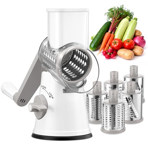 Image of GDL Rotary Cheese Grater Hand Crank with 5 Interchangeable Blades - Upgraded Cheese Shredder Featuring Strong Suction Base for Cheese Shredding, Wavy Slicing, Nut Grinding, Ice Shaving