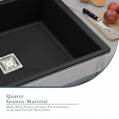 Image of BASINQU Quartz Kitchen Sink 24 x 18 x 9 Inch Granite Kitchen Sink Single Bowl Black Quartz Sink for Kitchen Basin Sound Dampening Scratch Resistant UV-Protected Noise Reducing sinks
