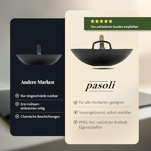 Foto von pasoli handgehämmerter Wok + gratis Rezepte eBook - voreingebrannt - traditionelle Asiapfanne - Bratwok aus Carbonstahl - induktionsgeeignete Wokpfanne - Durchmesser 36 cm