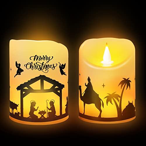 Image of Treela 2 Pieces Christmas Flameless LED Candles with 8h Timer, Battery Operated Plastic Pillar Rustic Candles Warm Light with Decals for Adventure Table Home Decor, D3 x H6 (Nativity)