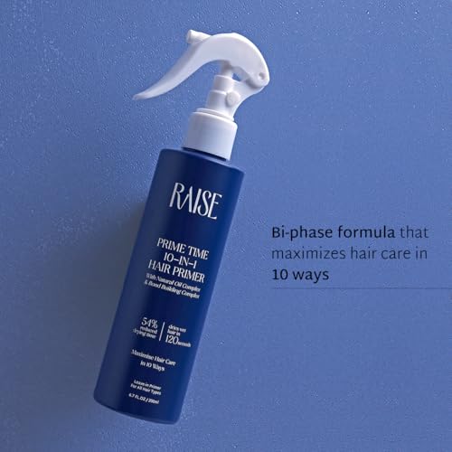 Image of Raise Prime Time 10-in-1 Hair Primer | Heat Protectant Spray with Argan Oil | Frizz Control, Shine & Smoothness | Cuts Drying Time by 54% | SLS & Paraben Free Leave-In Hair Treatment | 200 ml