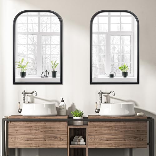 Image of Arch Wall Mirror for Wall Mounted, Tempered Glass, Wood Grain Finish Frame Wall Mirror Decorative for Bedroom Living Room Vanity Mirror (Black, 30 inch L x 20 inch W)