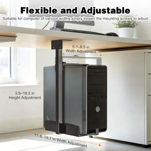 Soporte para PC bajo escritorio, capacidad hasta 77 lb, montaje en pared, altura ajustable 3.9–18.5", ancho ajustable 5.1–8.5", soporte para torre de computadora miniatura 3