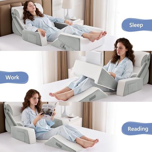 Dorifine 9PCS Orthopädische Bett Keil Kissen Set,Post Chirurgie Schaum Kissen für Körper, Rücken und Beine Schmerzlinderung,Justierbare Stützkissen mit Säure Reflux Bed Wedge Memory Foam Hellgrau