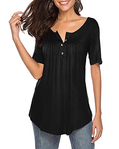 Sarin Mathews Womens Shirts Casual Tee Shirts V Neck Short Sleeve Button Up Tunic Tops Blouses Black XL