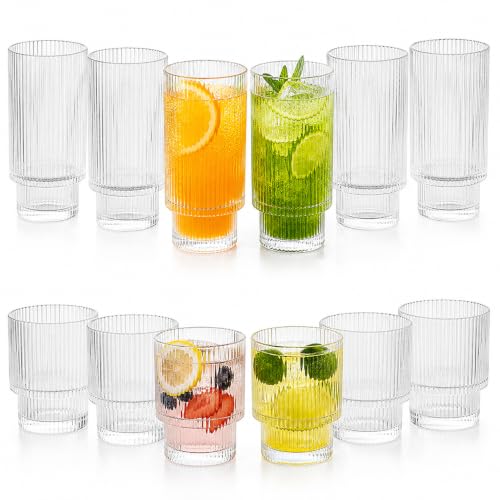 Image of bellemax Ribbed Glasses - 6 Pcs 330 ML & 6 Pcs 190 ML Water and Juice Glasses, Premium Ribbed Drinking Tumblers, Glassware Set for Home, Kitchen, Dining & Parties Set of 12