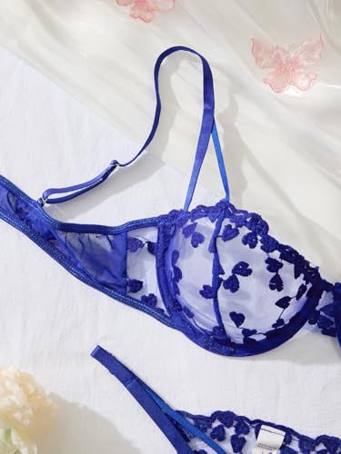 Image of Lilosy Sexy Underwire Cute Push Up Strappy Embroidered Mesh Sheer Lingerie Set See Through Panty Bra