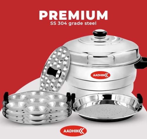 Image of AADHIK Stainless Steel Idli Maker 5 Plate Steamer | 21 Regular Idli & 18 Mini Idli Capacity | Multipurpose Idli Cooker, Idli Steamer, Dhokla Maker & Mini Idli Plate | Gas & Induction Compatible Kitchen Accessories