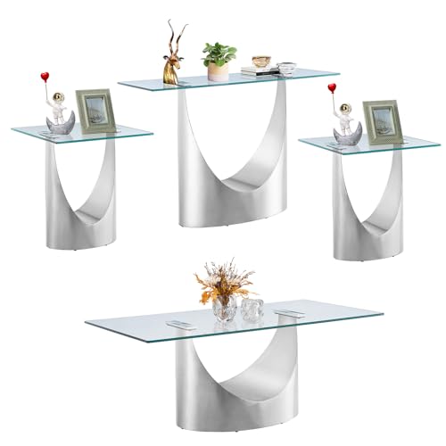 Glass Coffee Table Set of 4, Modern Living Room Table Set, 4 Piece Coffee Table Set -Console Table & Coffee Table and End Table Sets, Tempered Glass Top & U Shape Stainless Steel Pedestal Base, Silver