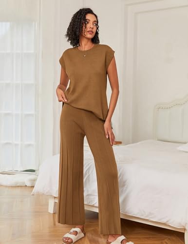 Image of Ekouaer Lounge Sets for Women Two Piece Outfits Knit Cap Sleeve Tops Wide Leg Pleated Pants Casual Dressy Sweater Sets
