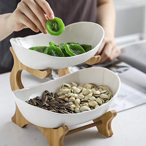 Ceramic Fruit Bowl Double Layer Porcelain Tiered Vegetable Serving Tray Dessert Appetizer Cake Dish With Wood Stand For Wedding Banquet(Small ,9.3 X 7.8 X 7.4Inch/23.5 X 19.8 X 18.8Cm) #TOP5