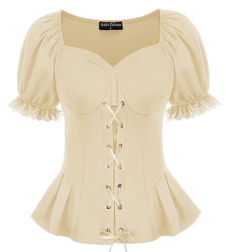 SCARLET DARKNESS Damen Retro Bluse V-Ausschnitt Kurzarm mit Spitzen Lace-up...