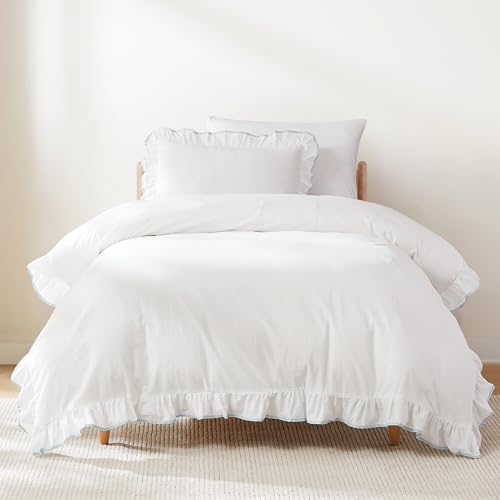 Image of Lush Decor - Duvet Cover Set, 2-Piece Cotton Bedding with Matching Sham, Contrast Edge & Stylish Border (Reyna Off-White /Blue, Twin XL)