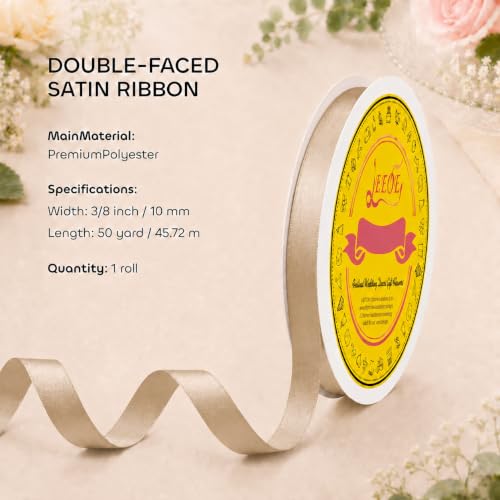 Image of Double Face Tan Satin Ribbon 3 /8 inch X 50 Yards Polyester Tan Ribbon for Gift Wrapping Very Suitable for Weddings Party Invitation Decorations and More