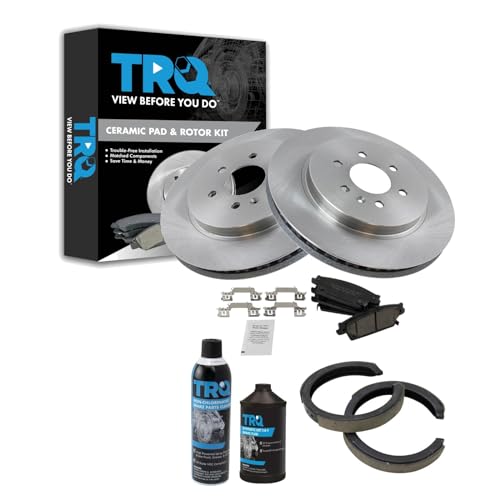 Image of TRQ Rear Brake Pad & Rotor Kit, with Chemical Kit Parking Brake Shoe Set Ceramic Compatible with 2004-2009 Cadillac SRX