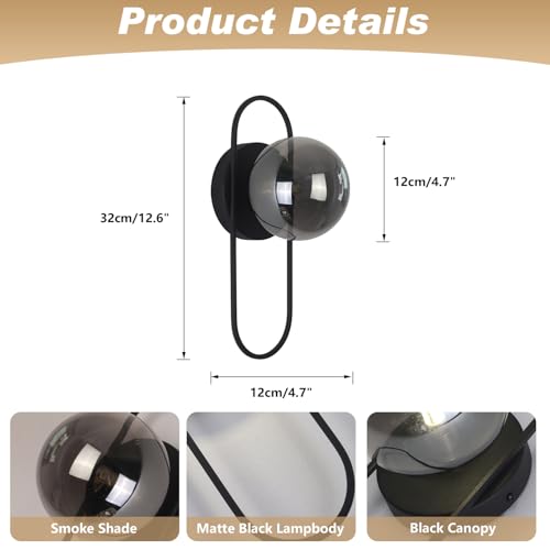 Image of Black Globe Wall Sconce Mid Century Modern Bathroom Vanity Light Fixture Small Black and Glass Wall Mounted Light Vintage Hallway Sconces Wall Lighting (2 Pack)