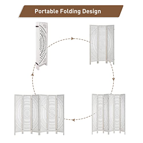 Babion Room Divider, 6 Panel Room Dividers and Folding Privacy Screens, 5.6 Ft Tall Carved Wood Screen, Room Screen Divider for Home Office,No Assembly, Double Hinged (White)