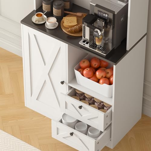 Image of 71 inch Tall Coffee Bar Cabinet with Storage Hutch, Farmhouse Kitchen Pantry Cabinet with LED Lights Microwave Stand and Glass Holder for Home Dining Room Kitchen,White