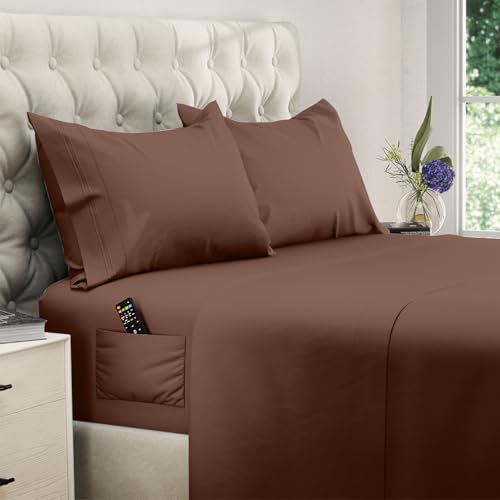 Image of DREAMCARE Full Size Sheets - Cooling Sheets - 4pcs Set - up to 15 inch Deep Pocket Full Sheet Set - Sheets Full Size Bed - Soft & Long Lasting 100% Fine Brushed Polyester with Side Pocket - Mocha Brown