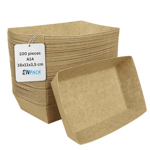 Enpack Snackschale A14-500 Stück Snackschalen aus Kraftpapier - Snack Box 16x11x4 cm - Currywurst Schale 500 ml - Behälter für Tapas, Chips, Pommes etc. - optimal geeignet als Fingerfood Schalen