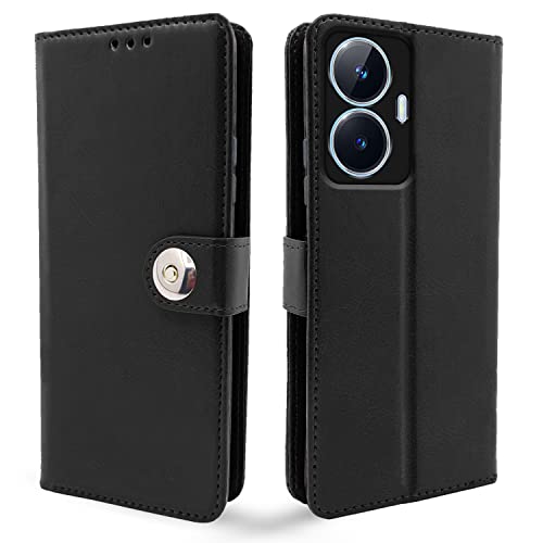 Image of Pikkme Realme Narzo N55 / Realme C55 Flip Cover Leather Finish | Inside TPU with Card Pockets | Wallet Stand and Shock Proof | Complete Protection Button Flip Case (Black)