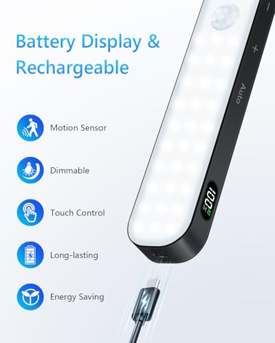Image of Ferswe Under Cabinet Lights Rechargeable, Battery Level Display, 60 LED Motion Sensor Cabinet Light, Dimmable Touch Control, Under Counter Lights for Kitchen, Closet, Cupboard(2 Pack)