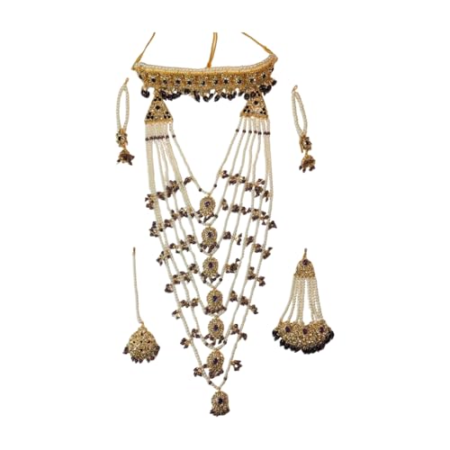 Image of TAZAKKA satlada traditional indian seven stand pearl necklace mughal hisporicall with jadavi earrings side jhumar maang tikka 5pies set