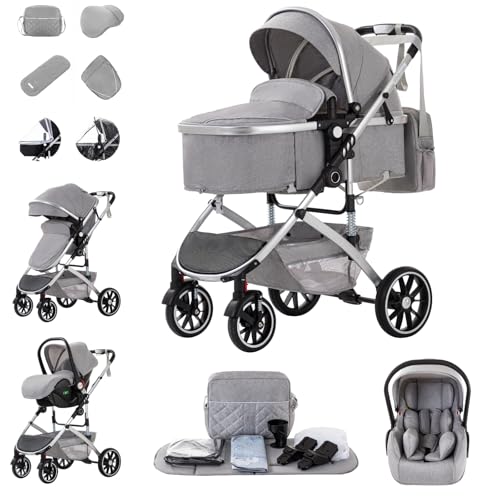 Zkiprm Cochecito de bebé 3 en 1 con sistema de viaje con cesta de transporte, hasta 22 kg, plegable, marco de aluminio, mosquitera, cubierta de lluvia, bolso mamá, 0-4 años