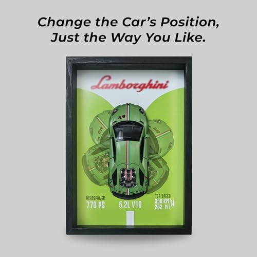 Image of CodersParadise Lamborghini Huracan EVO Green 3D Car Frame Wall Art- 1:32 Die-Cast Metal Model with Wooden Display Frame| Detachable Miniature, Interchangeable Posters, Pull-Back Action & Opening Doors