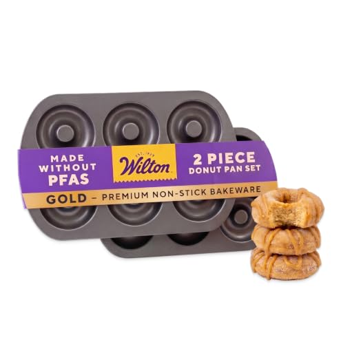 Wilton Gold Non-Stick Donut Pan Set - Quality Baking Pan - Dishwasher Safe & Scratch Resistant - Made Without PFAS - 12.5 x 8 x 1 Inch, 2-Piece Set