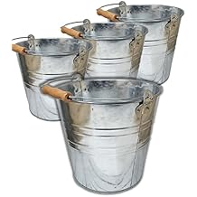 Large Metal Bucket 1.875 Gallon 4 Pack Pail Tins Silver w/Wood Handle Retro Look for Planter or decor, Gifts Basket, Ice, Top 9.5 Height 8.5, Bottom 6.5 Inch