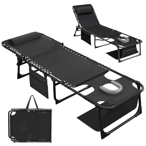 Devoko Beach Lounge Chair, Outdoor Sun Tanning Chair with Face Hole, Heavy Duty Folding Portable Lay Chaise Lounge Chairs for Outside Beach Pool Camping Patio, Black