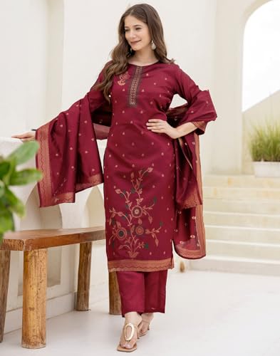 Image of Skylee Women's Silk Blend Woven Straight Kurta with Pant & Dupatta