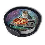 JOOCAR Space Cat Pizza Coasters Round Drinks Absorbent Stone Coaster with Ceramic Stone and Cork...