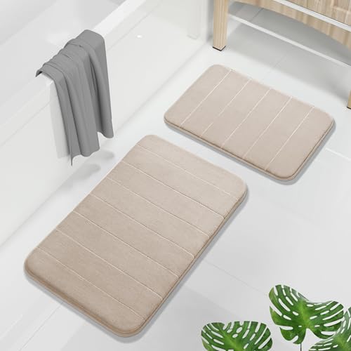 Image of Yimobra Memory Foam Bathroom Rugs Sets 2 Piece - Super Soft Absorbent Quick Dry Bath Mat Set, Machine Washable Non Slip Floor Carpet for Tub Shower & Single Sink (17x24 & 31.5x20 Inch, Beige)