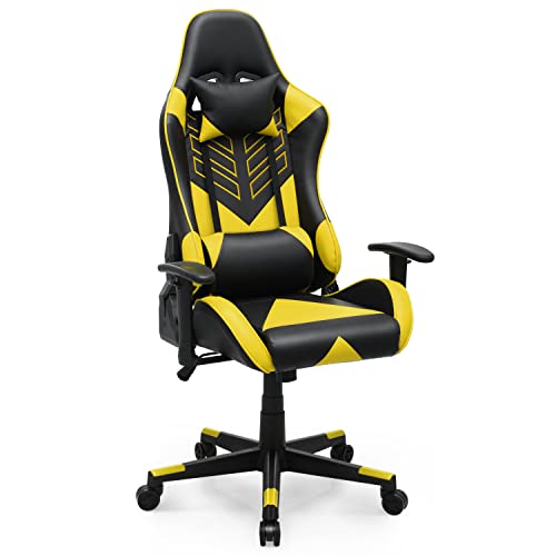 MoNiBloom Ergonomic Racing Style Gaming Chair, Adjustable-Height Reclining High Back Computer Chair with Headrest and Lumbar Support, Adult Teen PU Leather E-Sports Chair for Office or Gaming, Yellow