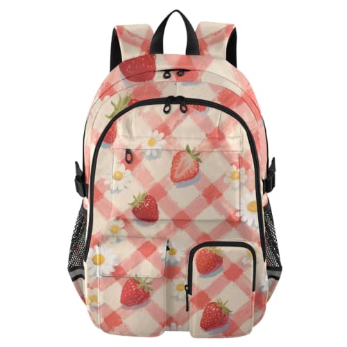 Mochila para laptop con diseño de fresas y margaritas para estudiante