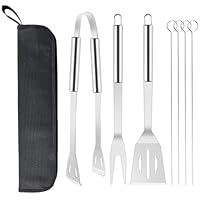 Grillbesteck Set Werkzeug-Set, 7-teilig BBQ Grill Werkzeuge Zubehör, Grillgabel, Grillklammern, Spatel, Grillstäbchen, Edelstahl BBQ Grillen Kochwerkzeug mit Tragetasche für Garten und Camping