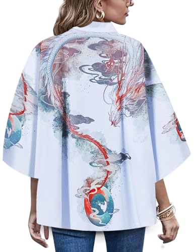 Image of LAI MENG FIVE CATS Women's Floral Print Loose Blouse Japanese Kimono Tops | Puff Sleeve,Cover up Top,Casual Cute Tops,Summer Cardigans 2026