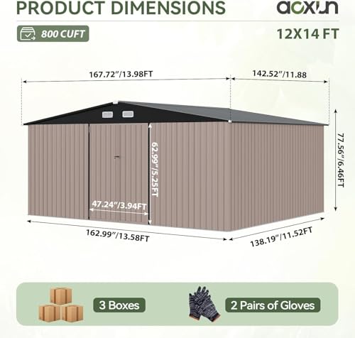 Image of Aoxun 14x12 FT Large Outdoor Storage Shed, Galvanized Metal Shed with 2 Lockable Tall Doors & Sloped Roof, Heavy Duty Utility Tool Storage House for Patio, Garden, Backyard, Lawn (Brown)