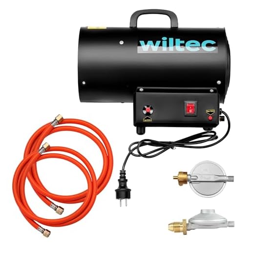 Wiltec Set de cañón de aire caliente 15kW 30W caudal 320 m³/h GLP y regulador de presión 700 mbar con manguera de 1,5 m calefacción potente para obras, talleres y almacenes - Reino Unido