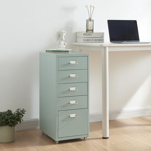 [en.casa] Caisson de Bureau à 5 Tiroirs Meuble de Rangement Roulant Organisateur pour Documents Dossiers avec Porte-Étiquettes Fournitures de Bureau Robuste...