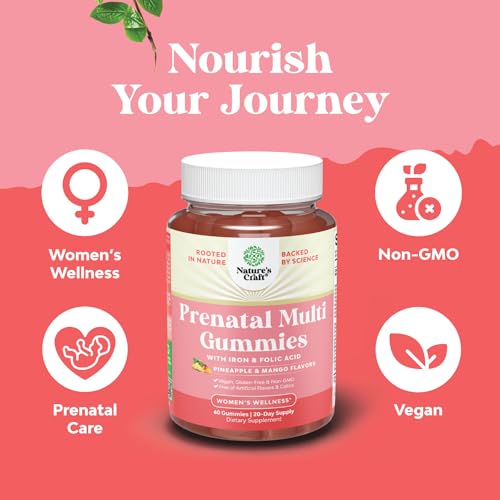Image of Natures Craft Vegan Prenatal Gummies for Women - Gummy Prenatal Vitamins for Women with Iron Folic Acid and Superfruit Blend - Chewable Vitamins Gummy Formula (Pineapple & Mango Flavor) - 60 Count