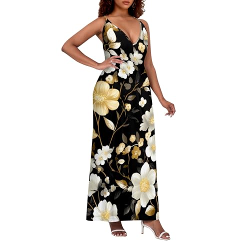 Image of Women Spaghetti Strap Maxi Dress with Pockets | Soft fabric relaxed fit sleeveless v neck with pockets for party and daily wear