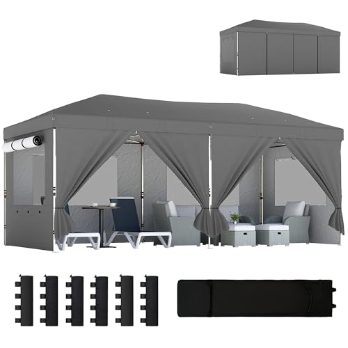 Outsunny Tonnelle de Jardin 3 x 6 m Pop up Tente Pliante réglable en Hauteur Protection UV50+ tonnelle Pliante avec 6 parois latérales 6 Sacs de Sable Sac de Transport à roulettes Montage Facile Gris