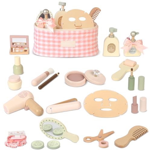 Image of Pithfor Wooden Makeup Toy Set, Pretend Play Makeup Set for Kids Toddlers, Play Beauty Makeup Kit for Girls 3 4 5 6 7 Year Old