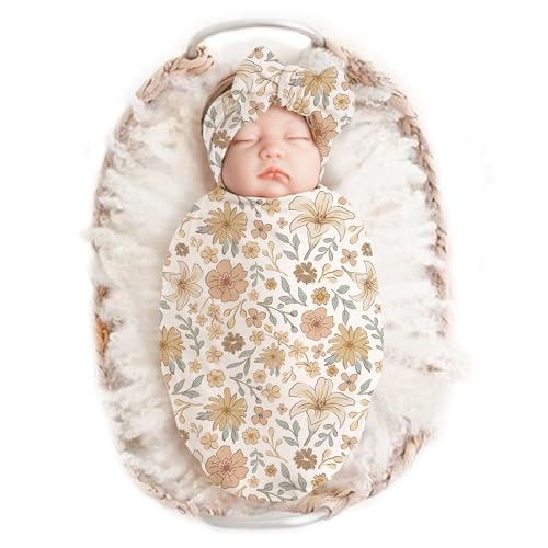 Image of Konssy Baby Girl Newborn Receiving Blanket with Headband Set Baby Swaddle Nursery Swaddle Wrap