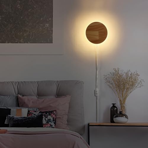 Image of Modern Minimalist Plug in Wall Sconces, Plug-in Or Cordless 7.9'' Round Wood Backlight LED Wall Lamp, 12W, 1300LM Warm White Brightness Wall Light Fixtures for Bedroom, Living Room Wall Decor