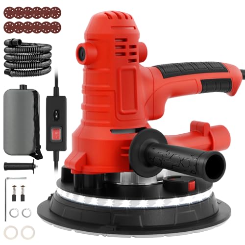 800W Electric Drywall Sander Variable Speed1200-2300RPM Wall Sander with Vacuum LED Lights Dust Bag and Hose 12 Pcs Sanding Discs